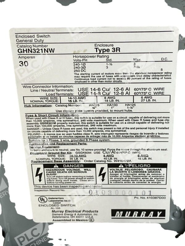 Murray General Duty Enclosed Switch 30A 240VAC Type 3R GHN321NW - Image 2