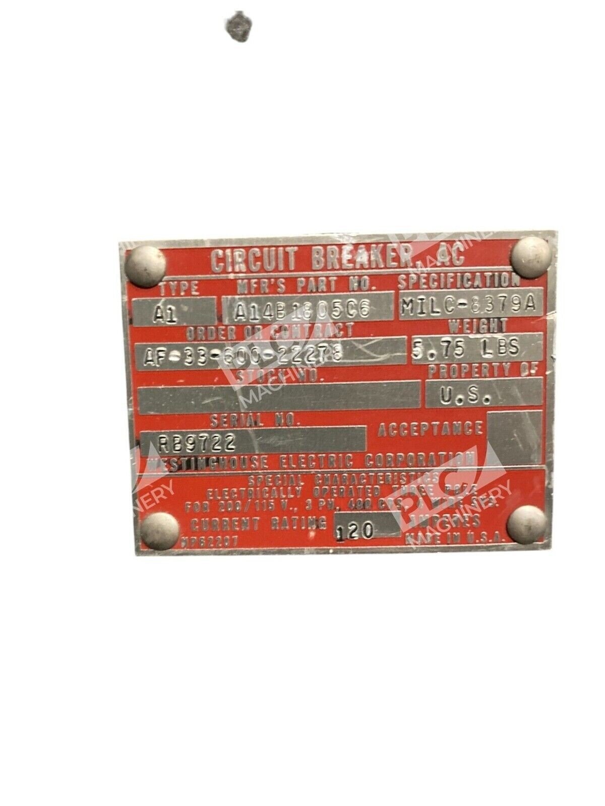 Westinghouse AF-33-600-22278 A1 MILC-8379A 120A AC Circuit Breaker A14B1805C6 - Image 2