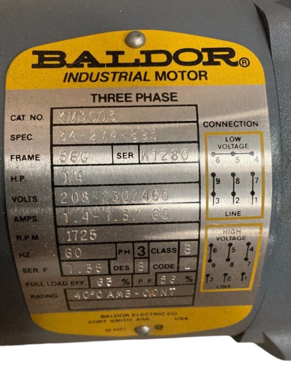 Baldor 3 Phase 1725RPM .25HP Motor KM3003 - Image 2