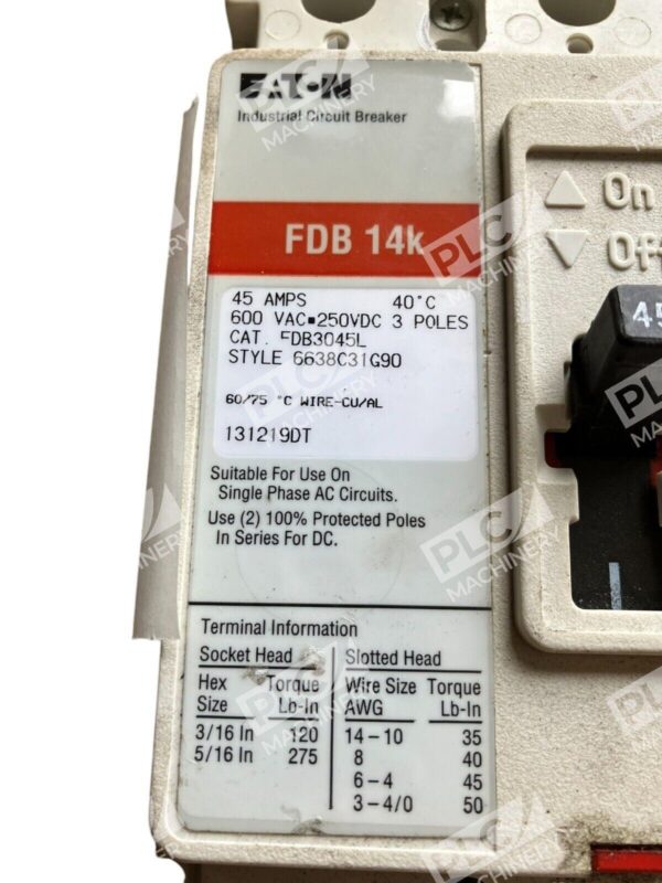 Eaton FDB3045L 45A 600VAC 250VDC 3 Poles - Image 2