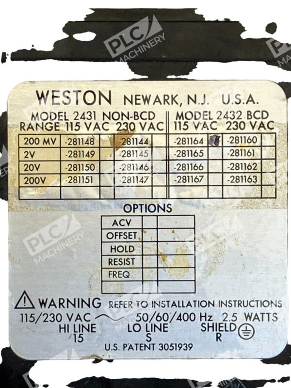 Weston Model 2431 Non-BCD Model 2432 BCD 115VAC 230VAC - Image 2