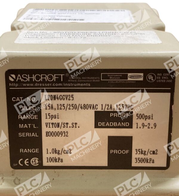 Ashcroft Dresser 15PSI Range 500PSI Proof 15A 0.5A Pressure Switch LPDN4GGV25 - Image 5