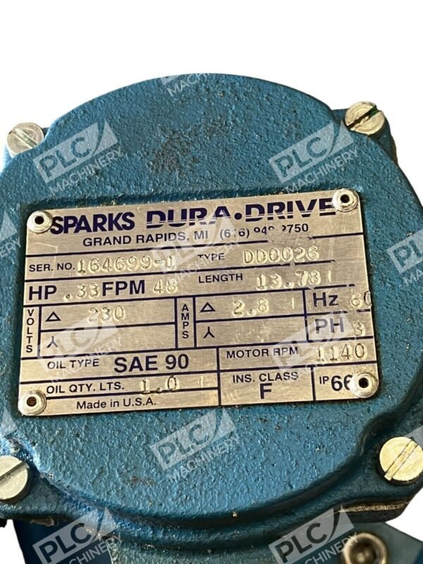 Dura-Drive Sparks 1/3HP 48FPM 13.78" 230V 2.8A 60Hz 3Ph 1140RPM DD0026 - Image 2