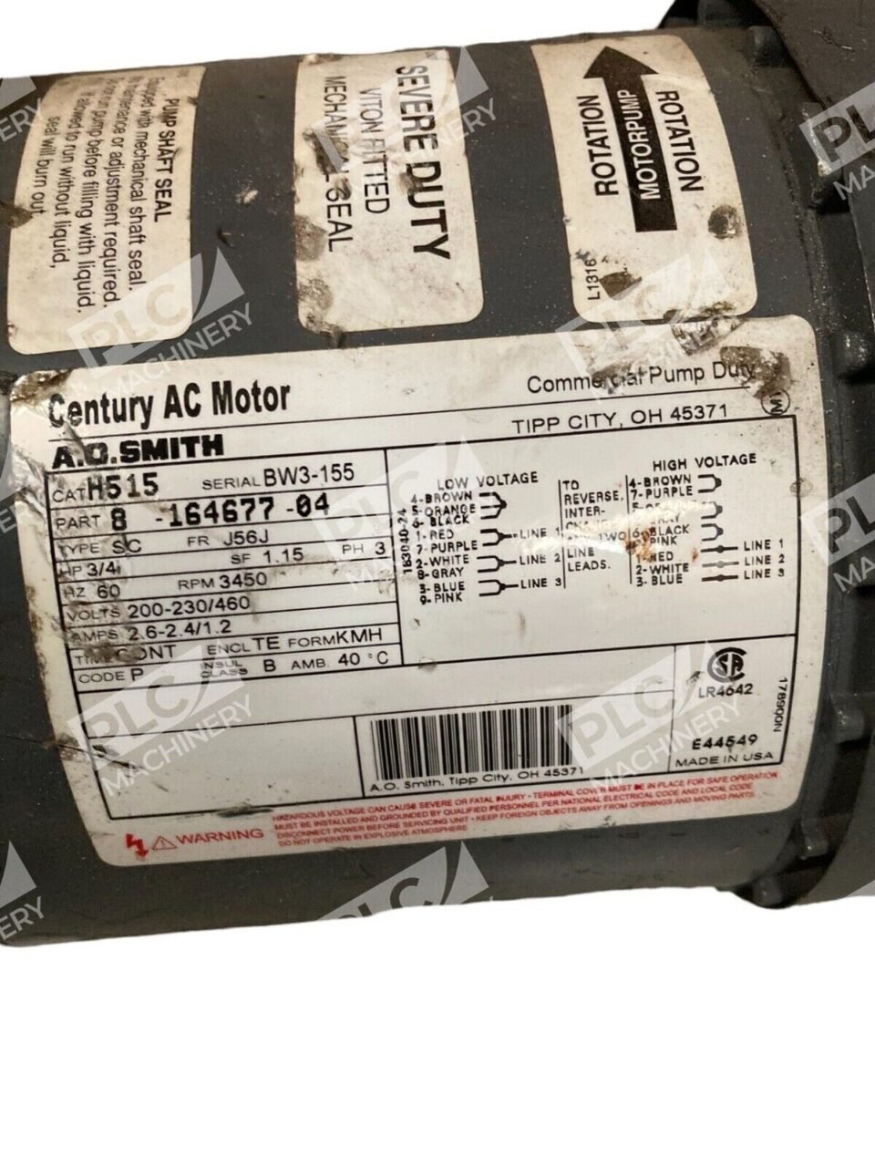 Century AC Motor A. O. Smith H515 3/4HP 3450RPM Motor 8-164677-04 Motorpump 11 - Image 2
