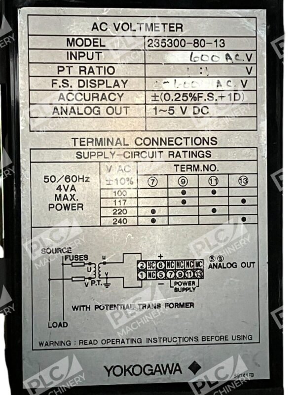 Yokogawa 64LH0576 600VAC Ammeter AC Voltmeter 235300-80-13 - Image 3