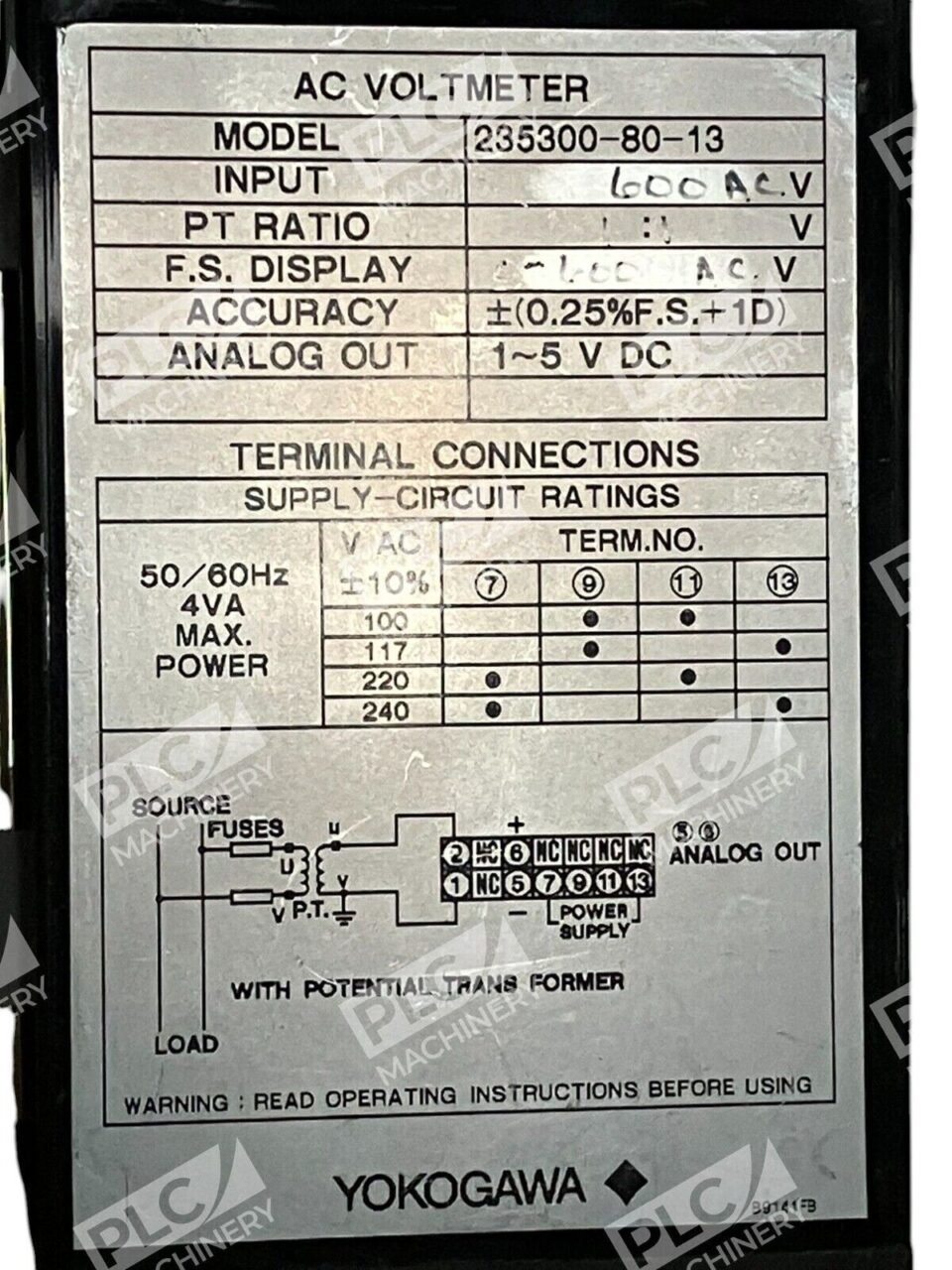 Yokogawa 64LH0576 600VAC Ammeter AC Voltmeter 235300-80-13 - Image 3