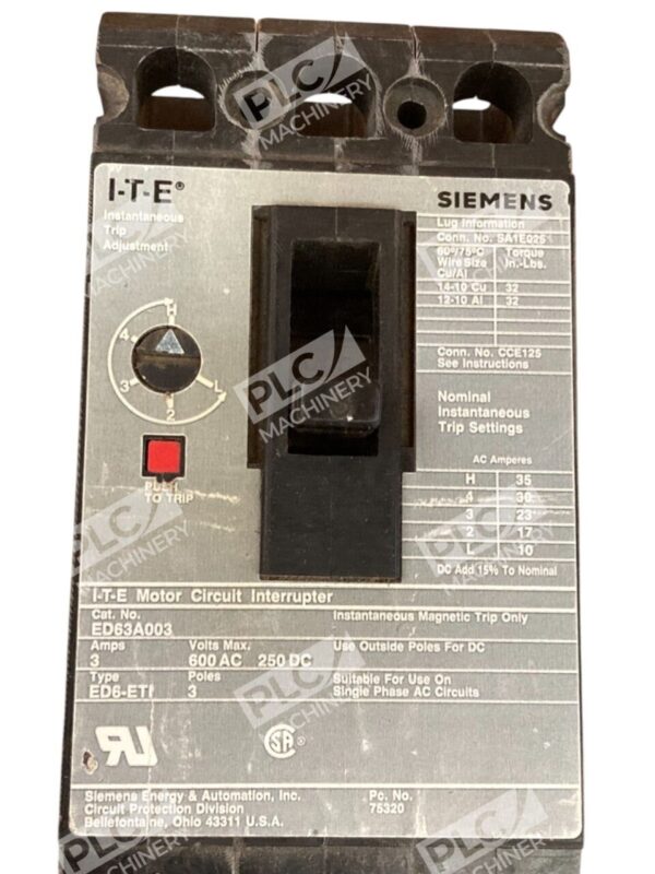 Siemens ITE ED6-ETI 3A 3 Poles 600VAC 250VDC Circuit Breaker ED63A003 - Image 6