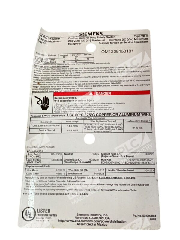 Siemens 2P 60A NEMA 3R General Duty Safety Switch GF222NR - Image 6