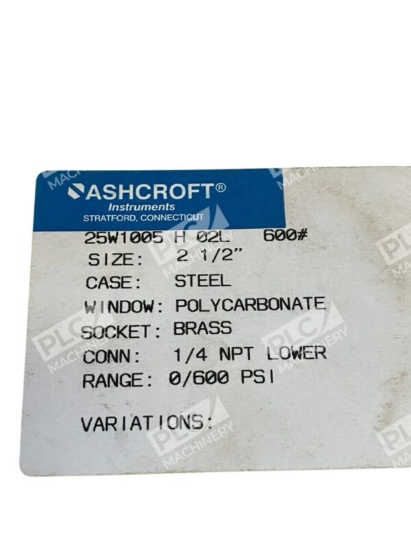 Ashcroft 1/4" NPT 2-1/2" Face 0-600PSI Pressure Gauge 25W1005 H 02L 600 - Image 2