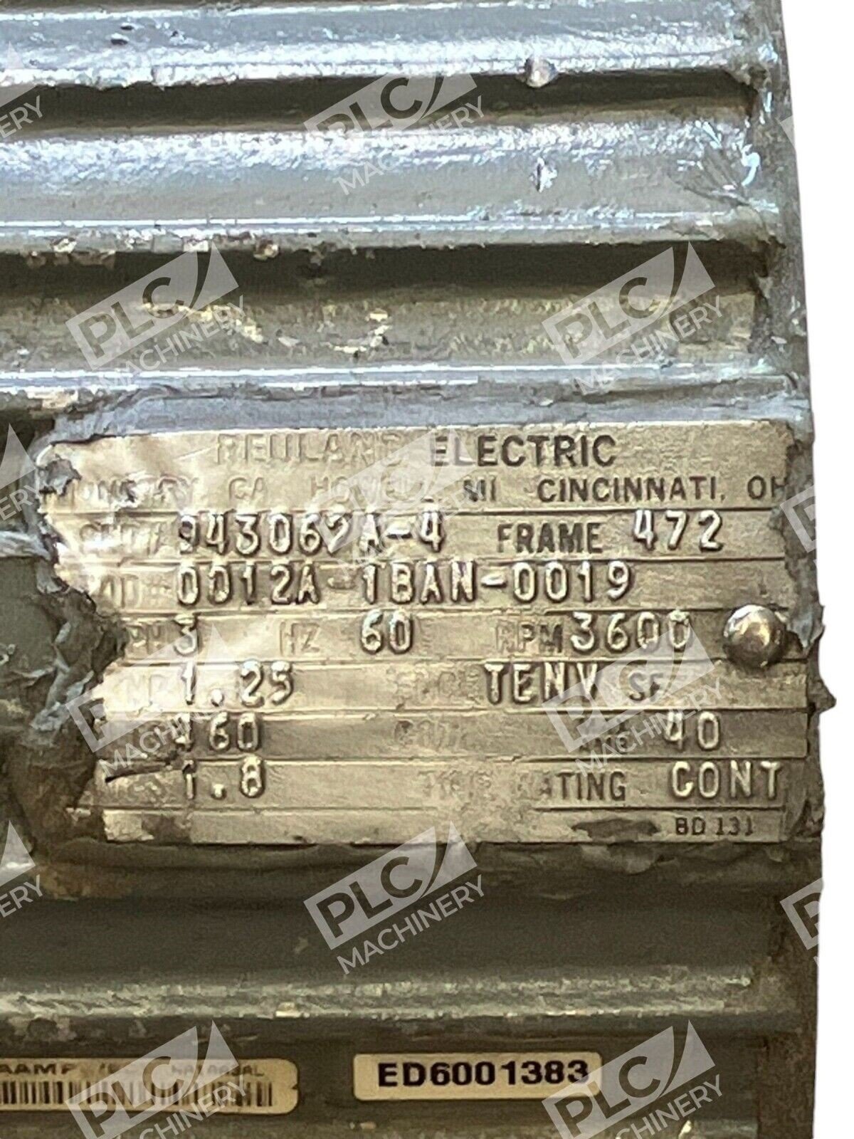 Reuland Electric 1.25HP 3PH 3600RPM 943062A-4 0012A-1BAN-0019 - Image 2