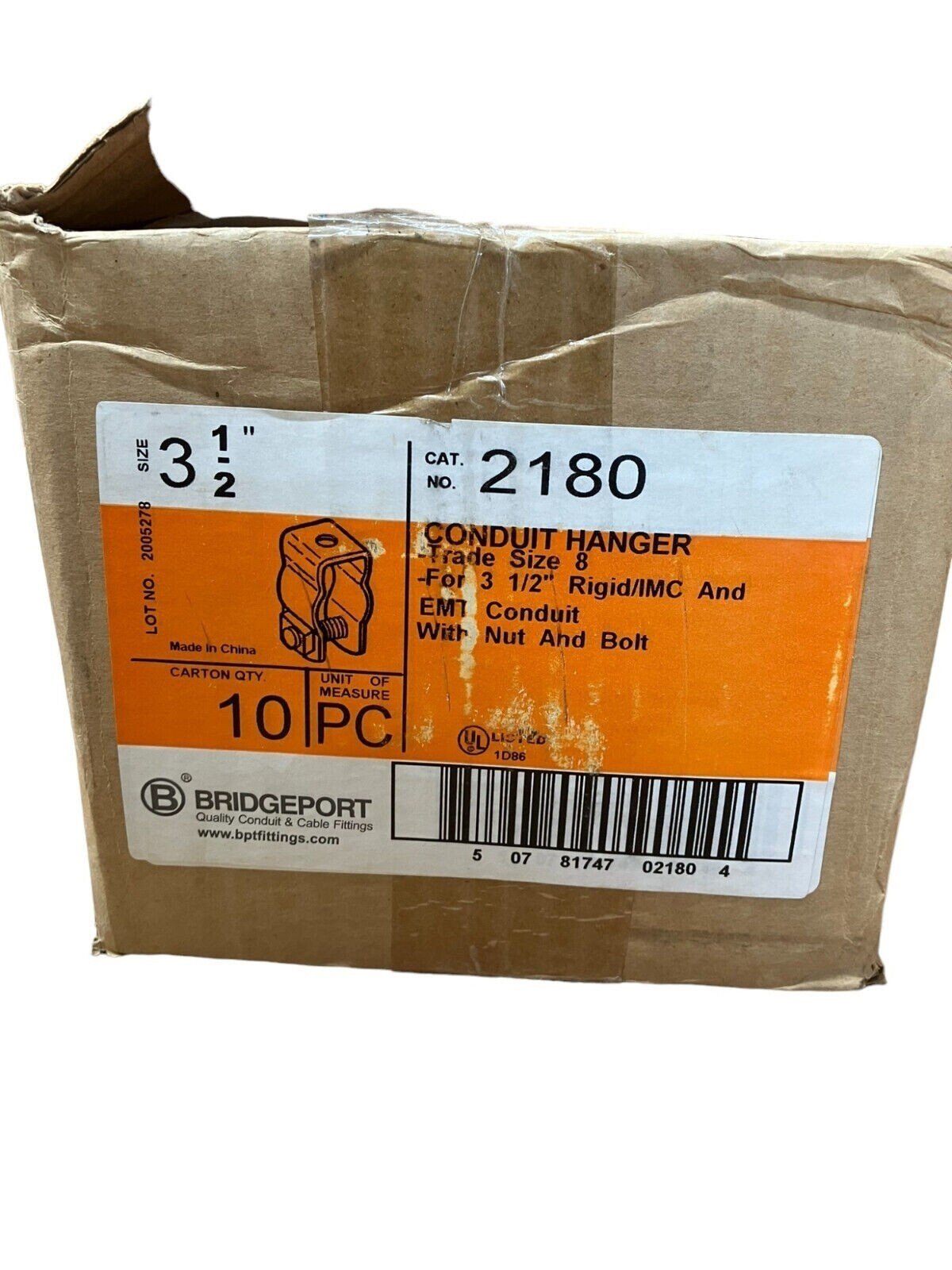 Bridgeport 2180 Conduit Hanger EMT Conduit W/ Nut and Bolt 3-1/2" (Box of 10)