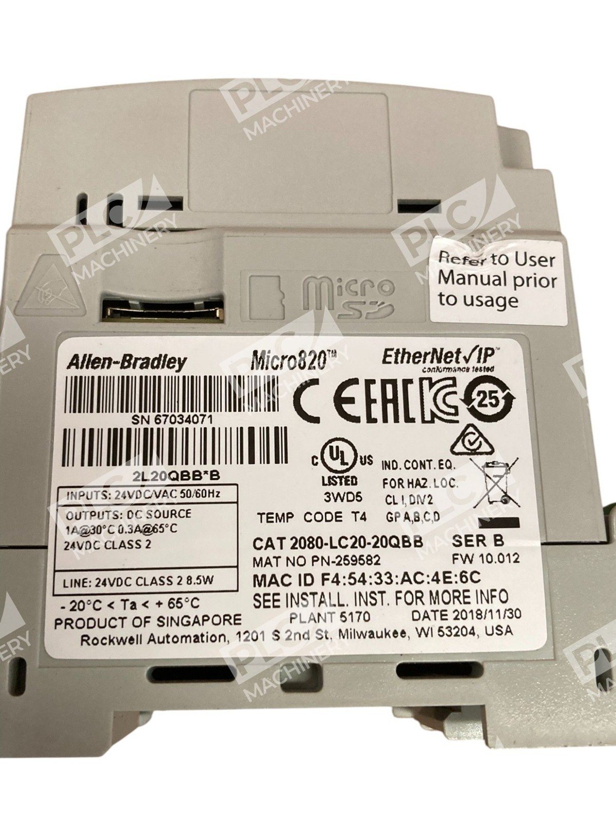 Allen Bradley AB Micro 820 Programmable Controller 2080-LC20-20QBB /B - Image 5