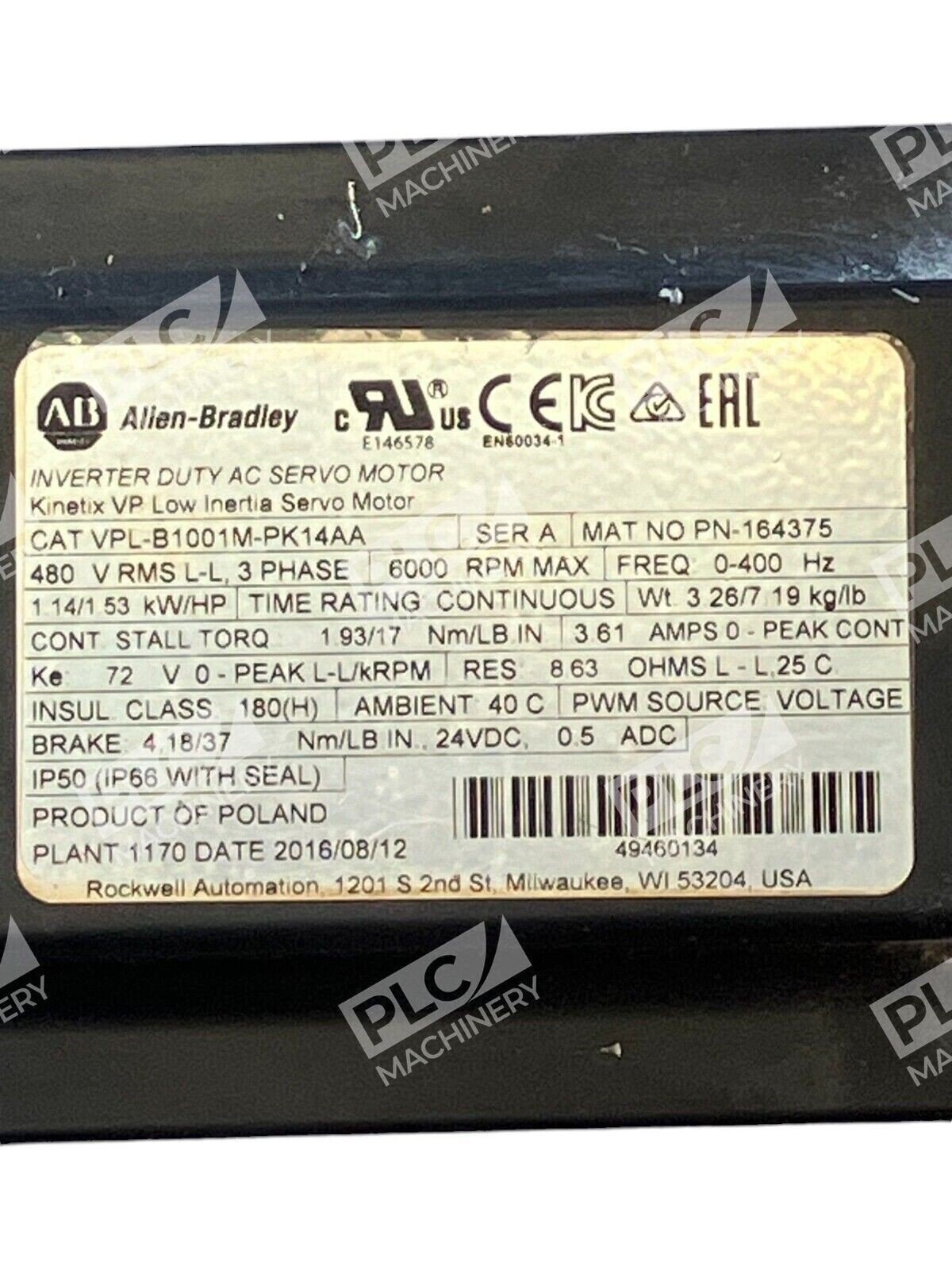 Allen Bradley Inverter Duty AC Servo Motor VPL-B1001M-PK14AA /A - Image 2