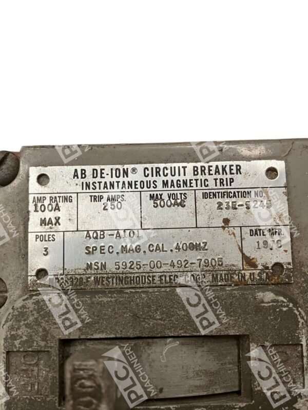 Westinghouse AQB-A101 AB De-Ion Circuit Breaker 100A 23E-5245 5925-00-492-7905 - Image 2
