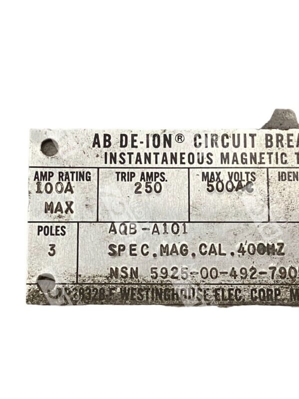 Westinghouse AQB-A101 AB De-Ion Circuit Breaker 100A 23E-5245 5925-00-492-7905 - Image 3