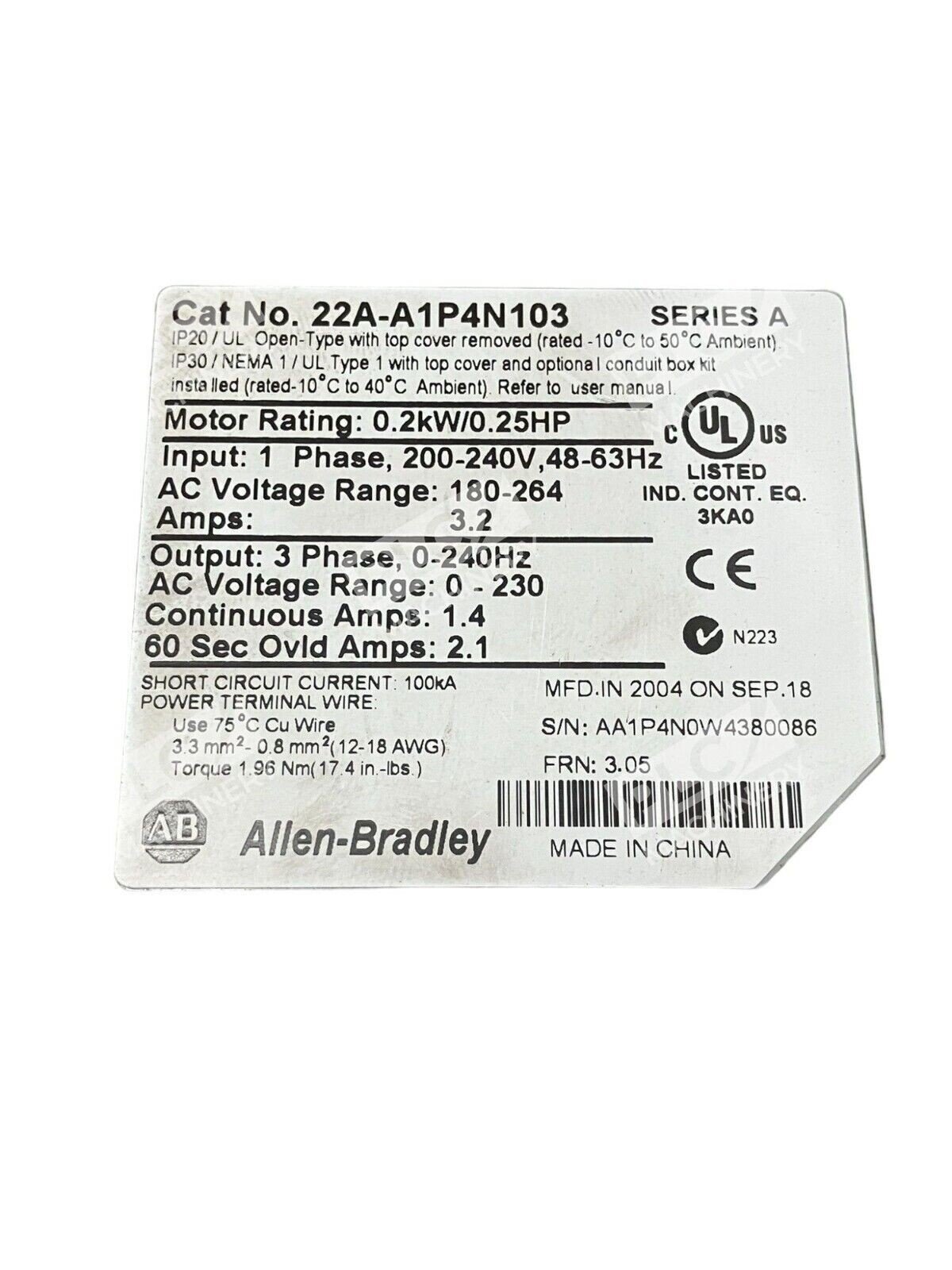 Allen Bradley 22A-A1P4N103 /A PowerFlex 4 0.2kW/0.25HP - Image 2