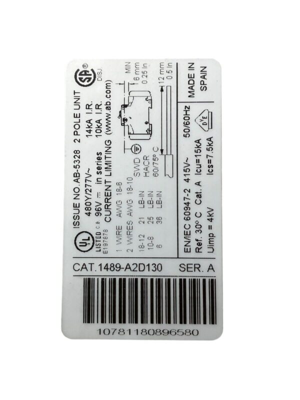 Allen Bradley 1489-A2D130 /A 2 Pole Circuit Breaker 13A - Image 3