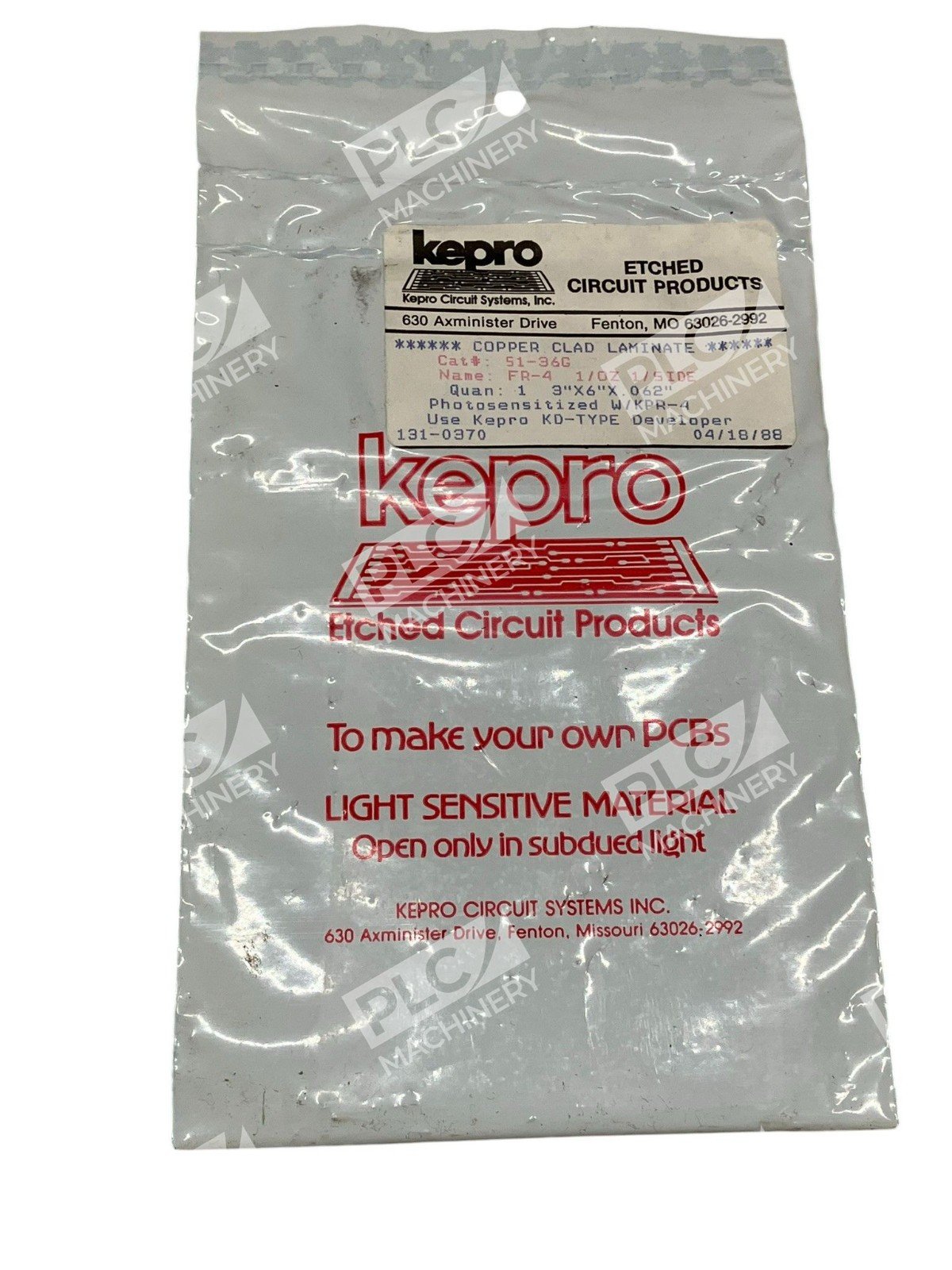 Kepro 51-36G Copper Clad Laminate 3"x6"x0.062" FR-4 1oz 1-Side