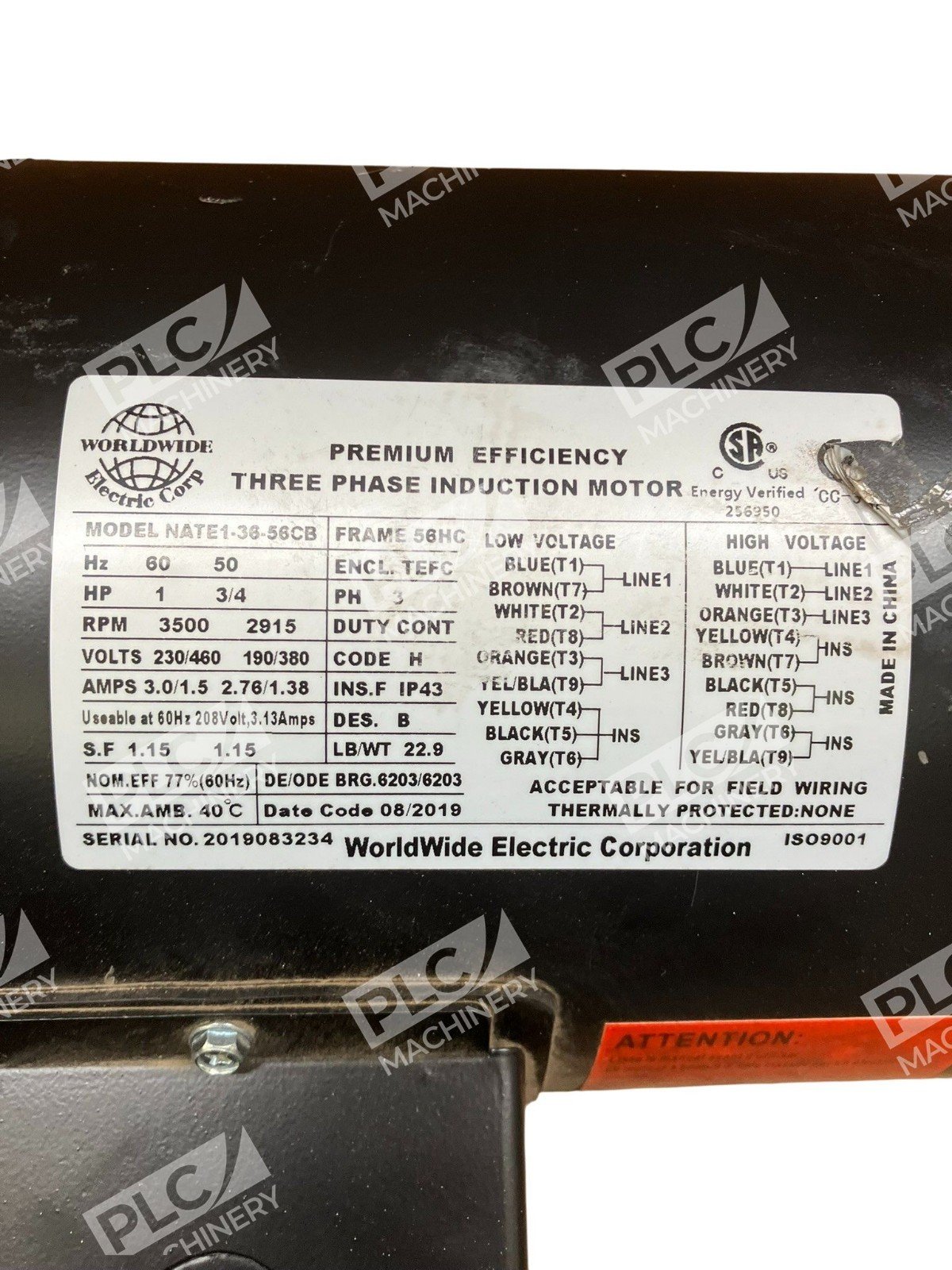 WorldWide Electric Corp Three Phase Induction Motor NATE1-38-56CB - Image 4