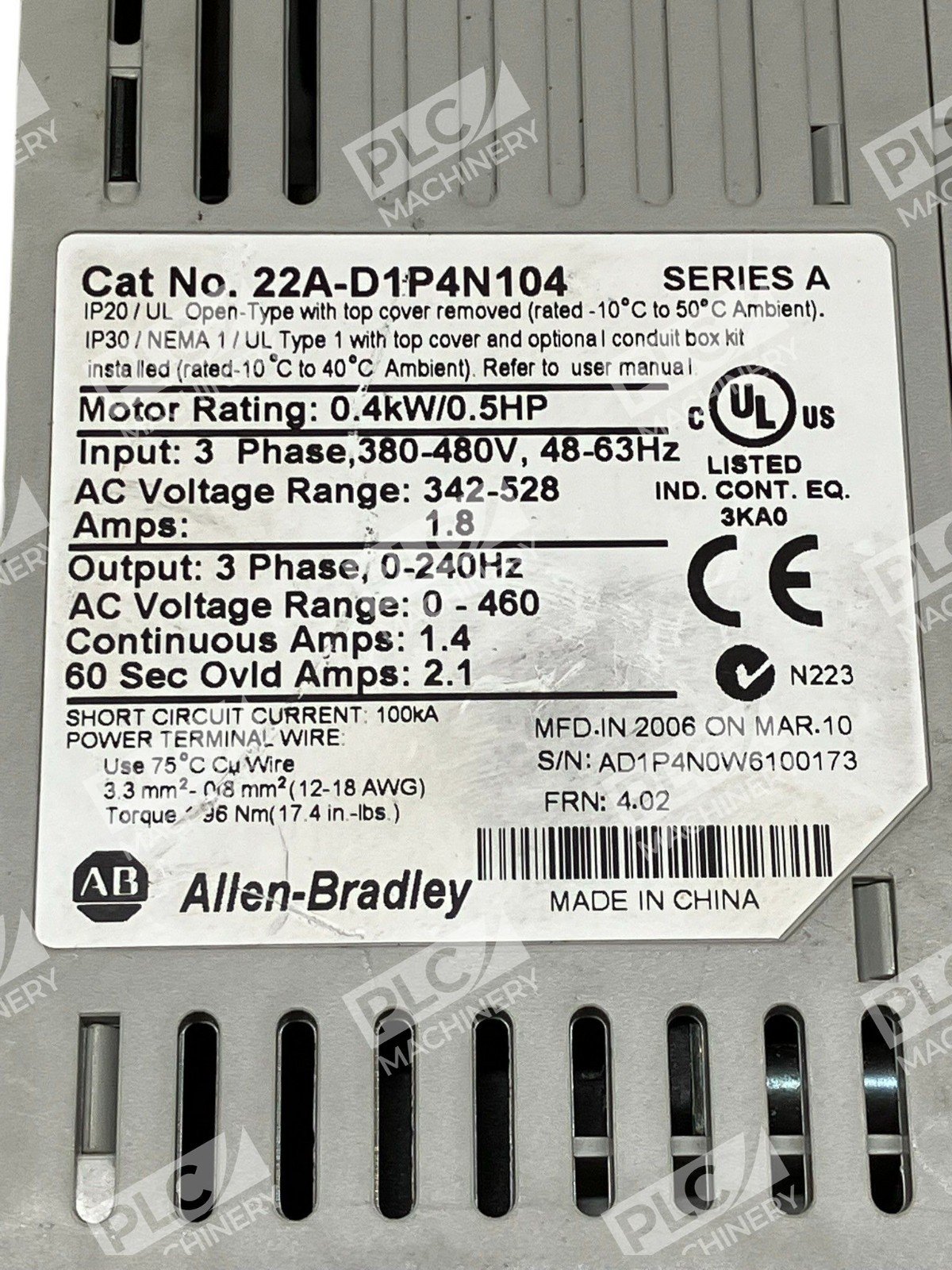 Allen Bradley AB PowerFlex4 AC Drive 0.4kW/0.5HP 22A-D1P4N104 /A - Image 2