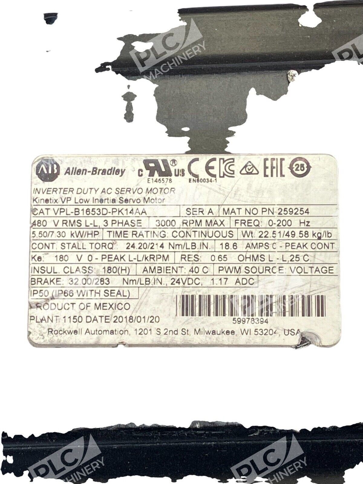 Allen Bradley Inverter Duty AC Servo Motor VPL-B1653D-PK14AA - Image 3