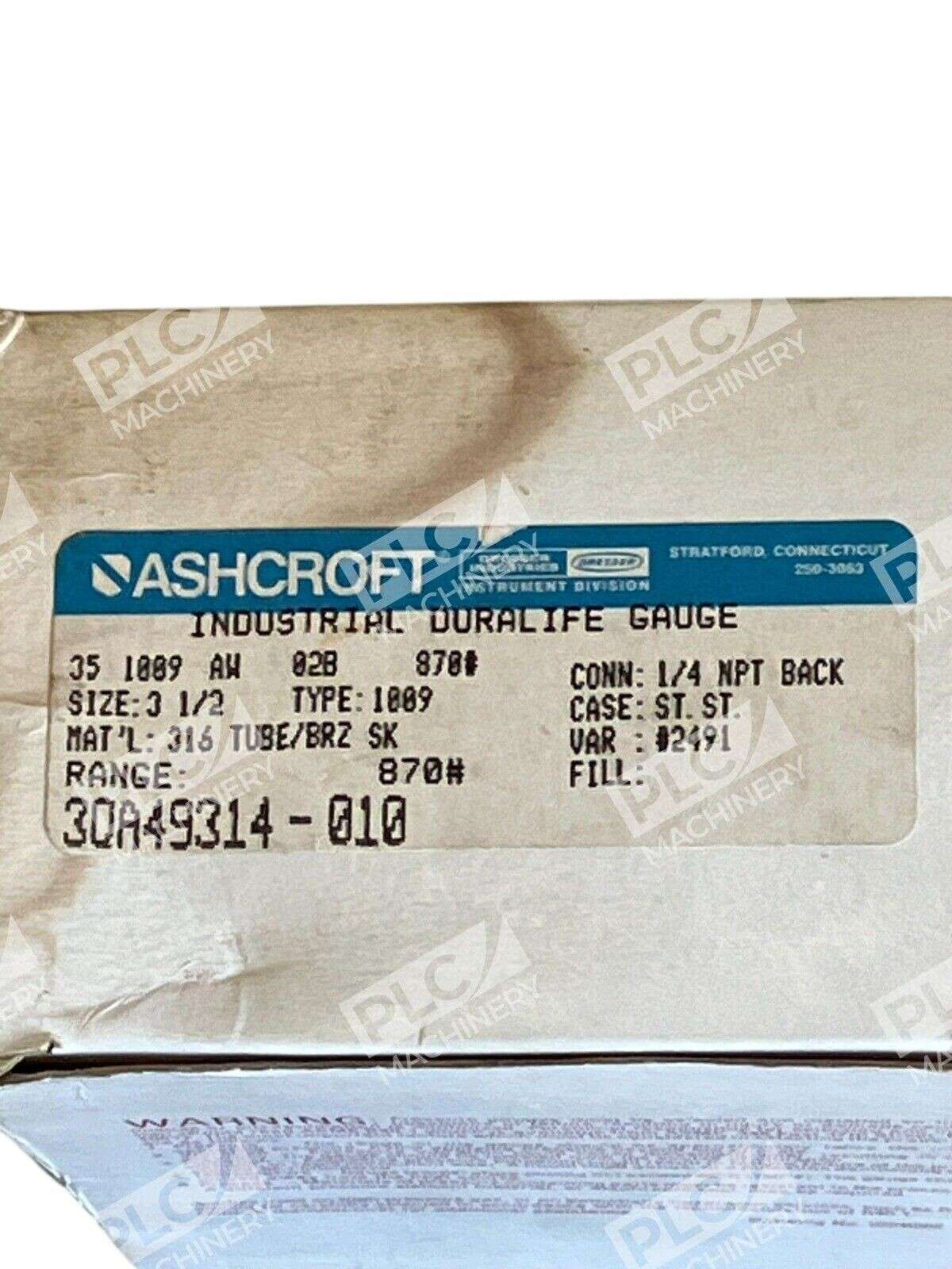 Ashcroft 3.5" 1009 Industrial Duralife Gauge 3QA49314-010