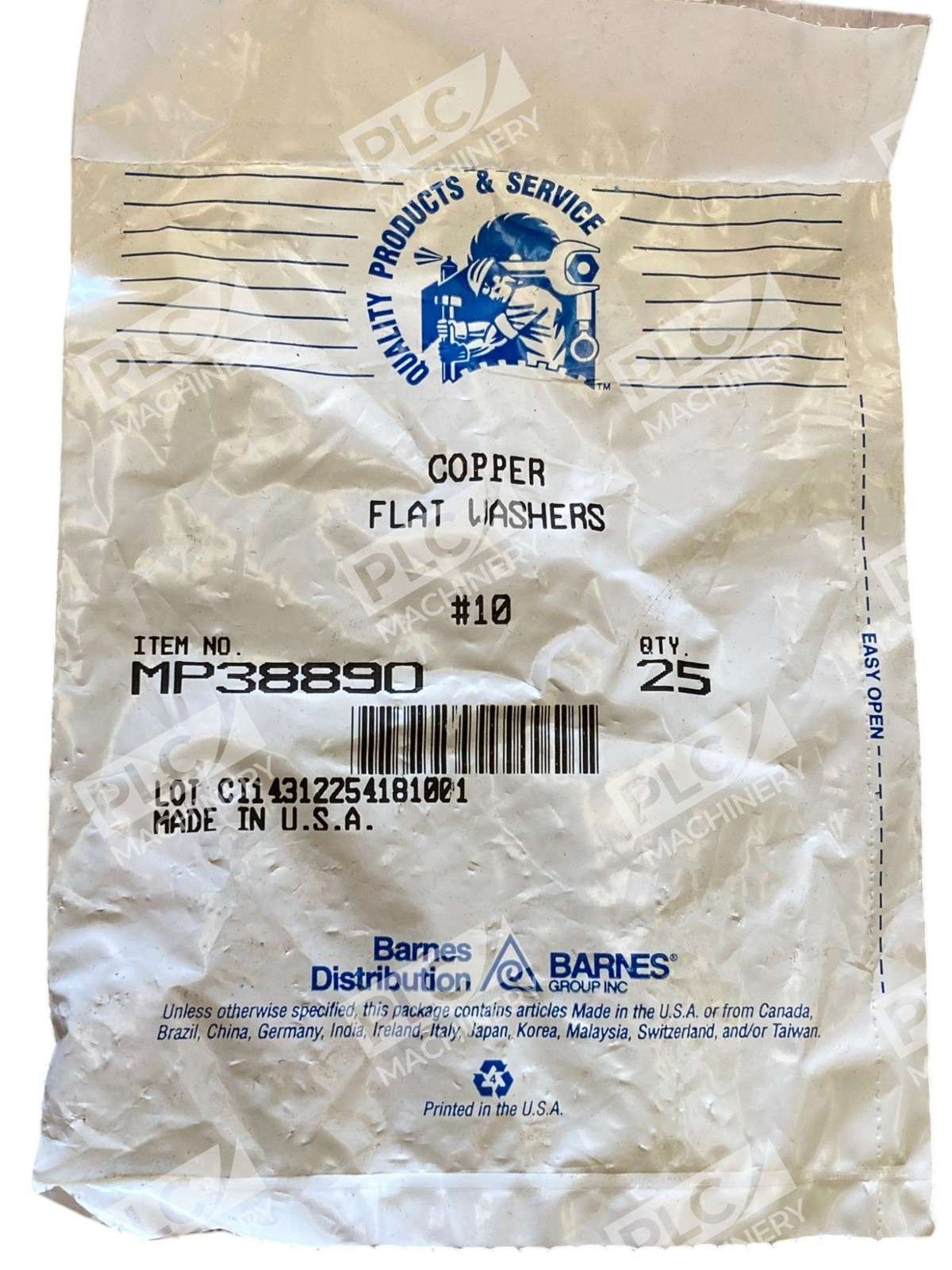 Barnes MP38890 Copper Flat Washers, 25 Quantity