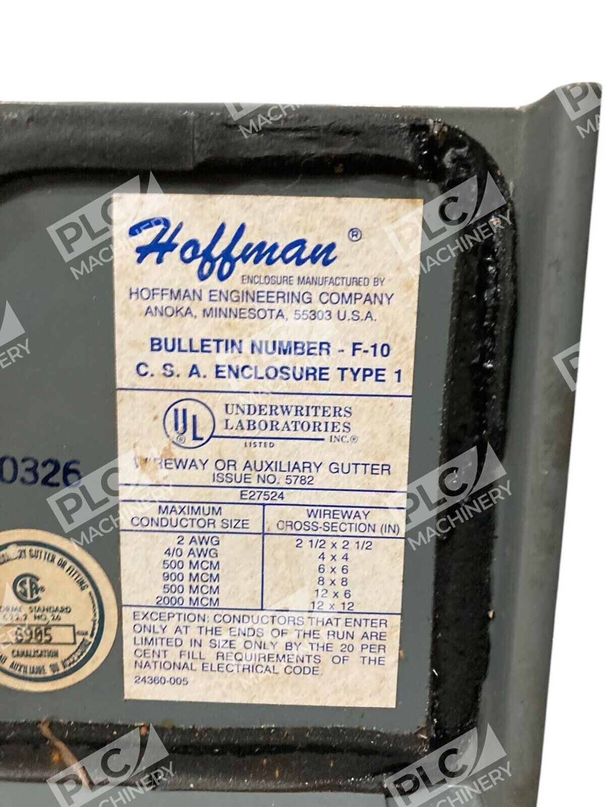 Hoffman 5782 F-10 CSA Enclosure Type 1 Wireway Auxiliary Gutter E27524 - Image 3
