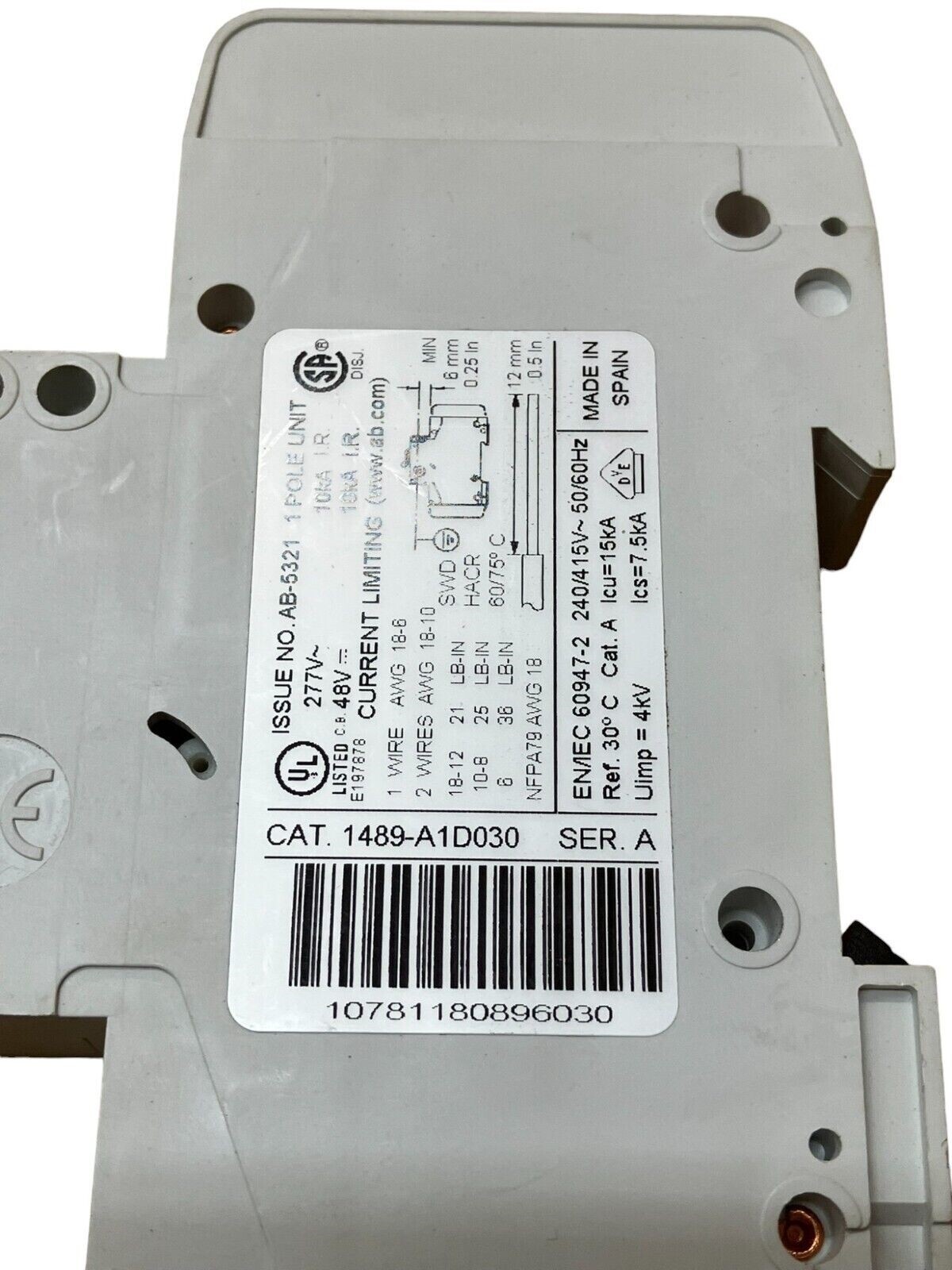 Allen Bradley 1489-A1D030 /A 1 Pole Circuit Breaker 3A - Image 5