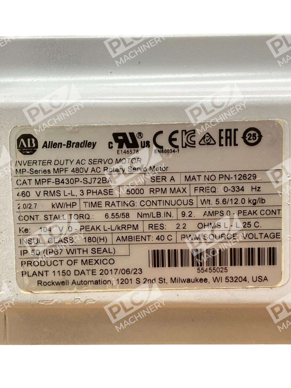 Allen Bradley MPF-B430P-SJ72BA /A Inverter Duty AC Servo Motor - Image 3