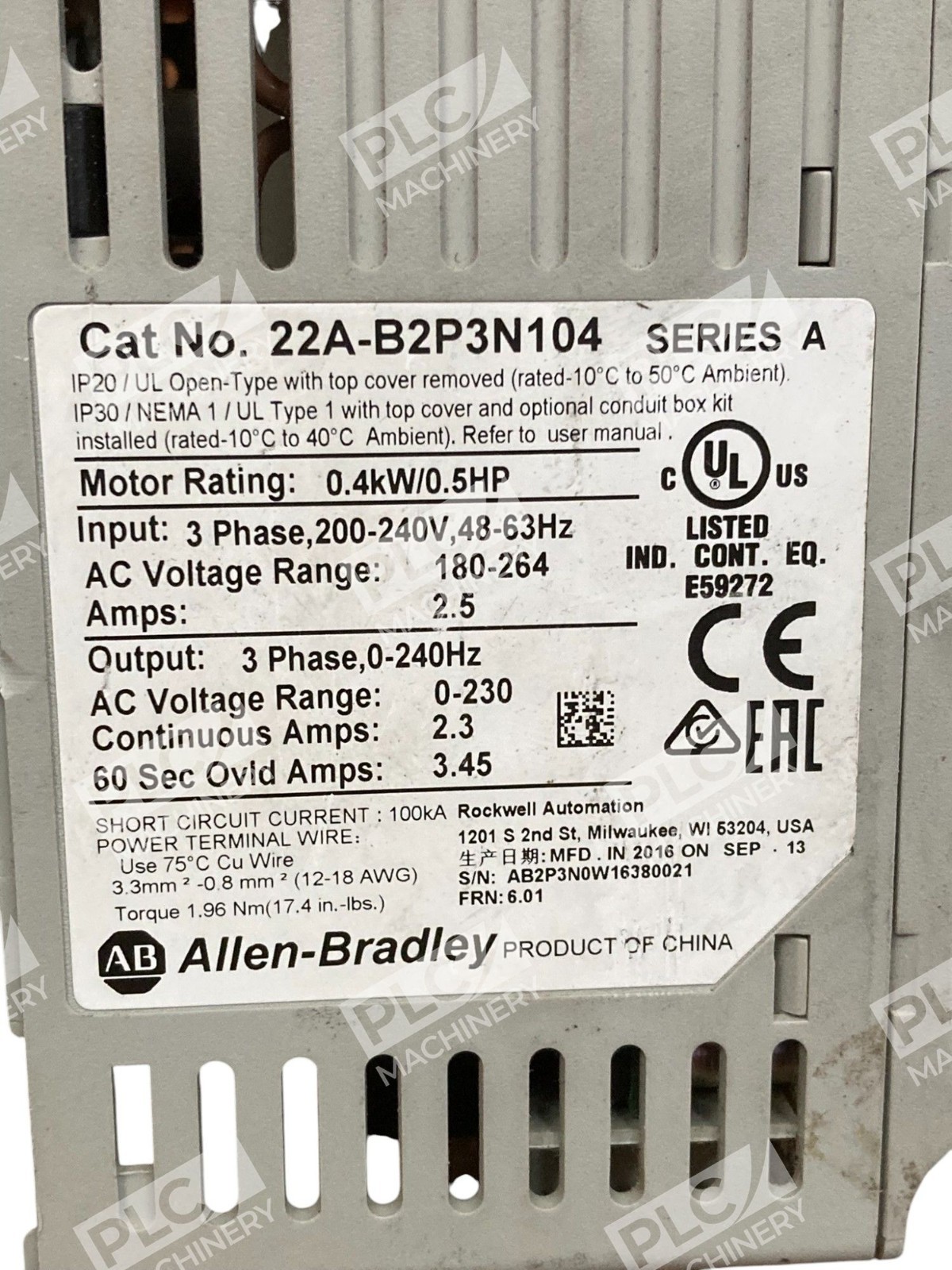Allen Bradley AB 0.4kW/0.5HP 3 Phase AC Drive 22A-B2P3N104 /A - Image 10