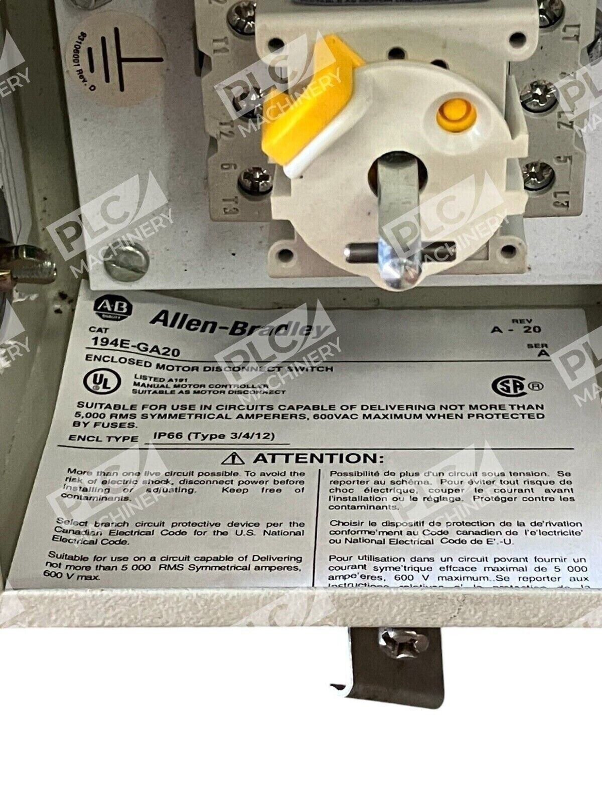 Allen Bradley Enclosed Motor Disconnect Switch 194E-GA20 /A - Image 3