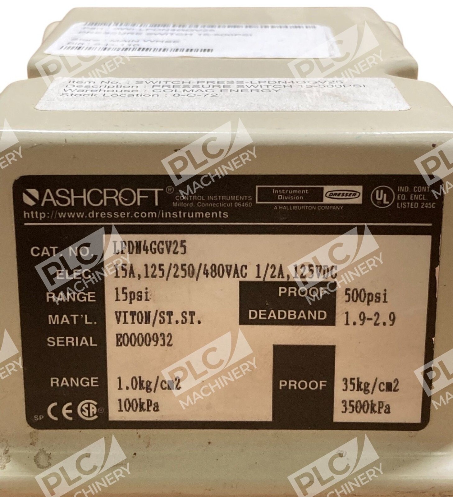 Ashcroft Dresser 15PSI Range 500PSI Proof 15A 0.5A Pressure Switch LPDN4GGV25 - Image 6