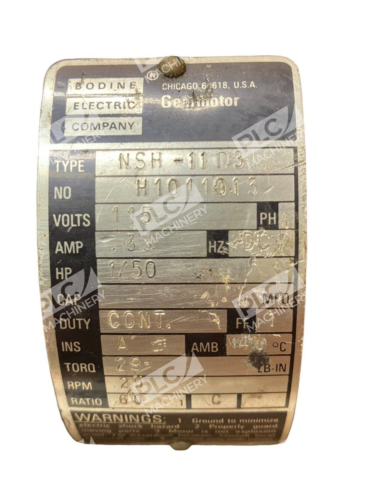 Bodine Electric NSH-11D3 Gearmotor H1011013 1/50HP - Image 3