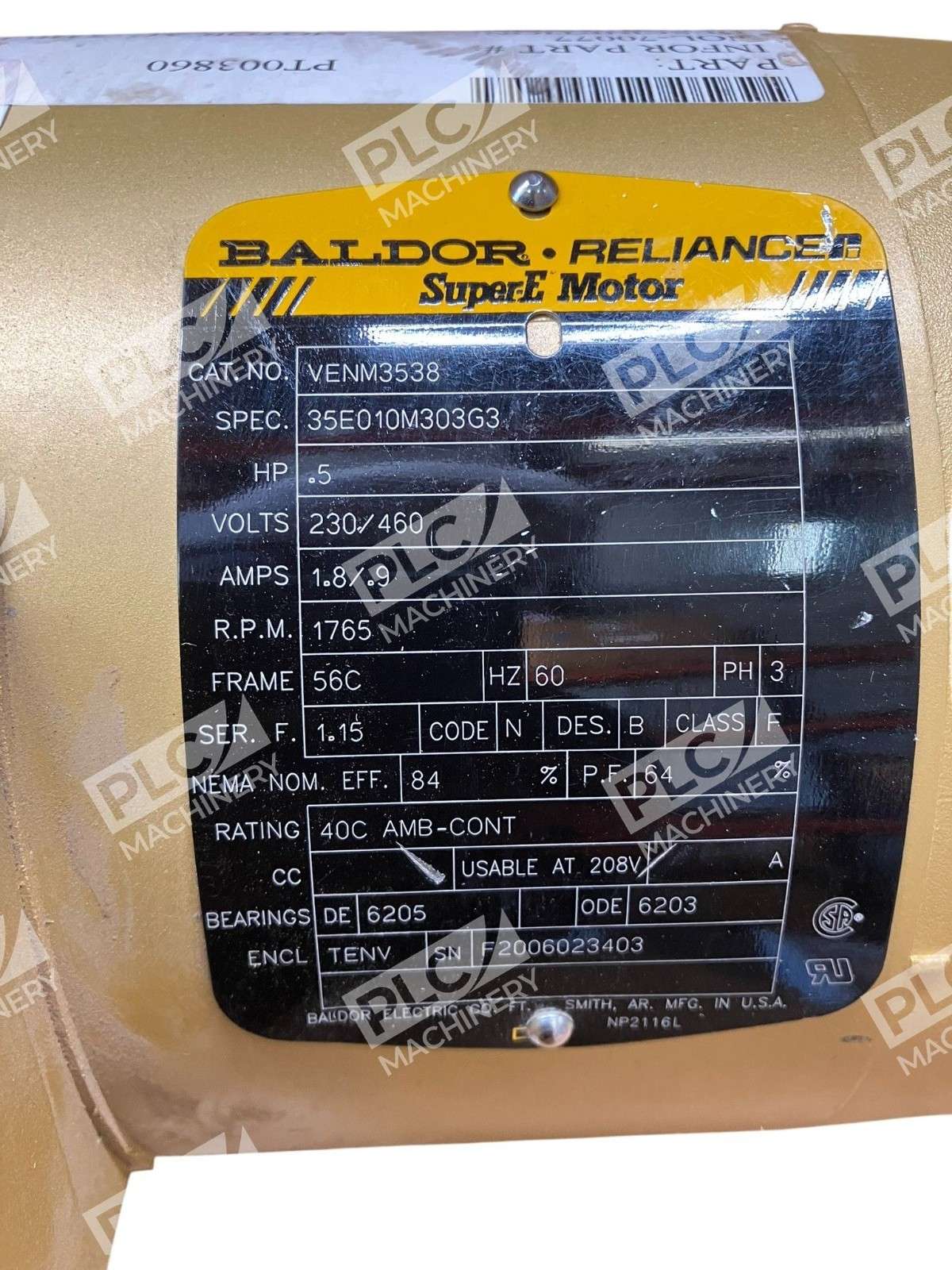 Baldor Reliance 35E010M303G3 0.5HP SuperE Motor VENM3538 - Image 3