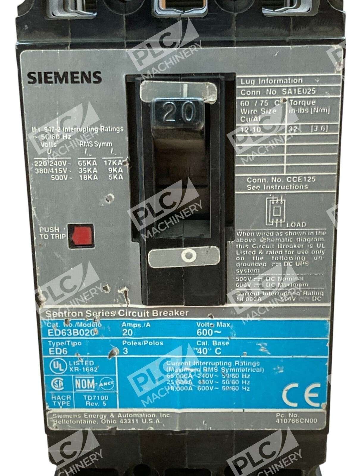 Siemens 3 Pole 600V 20A Sentron Series Circuit Breaker ED63B020 - Image 4