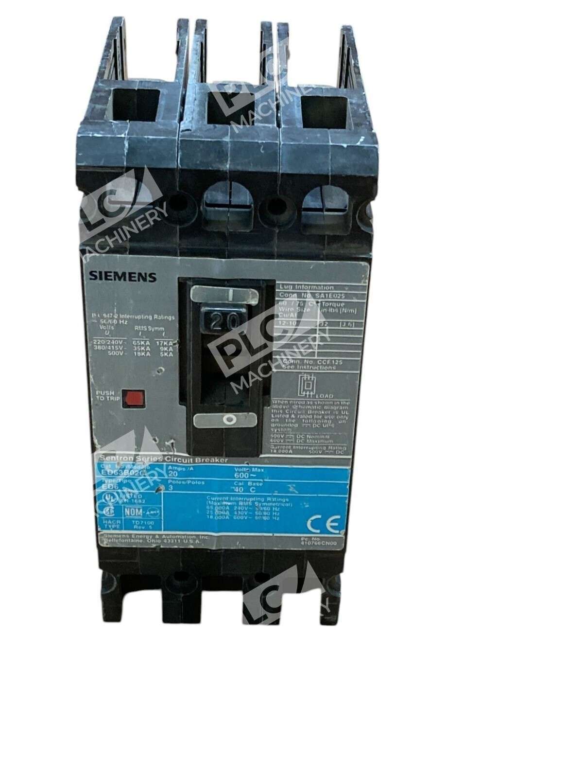 Siemens 3 Pole 600V 20A Sentron Series Circuit Breaker ED63B020