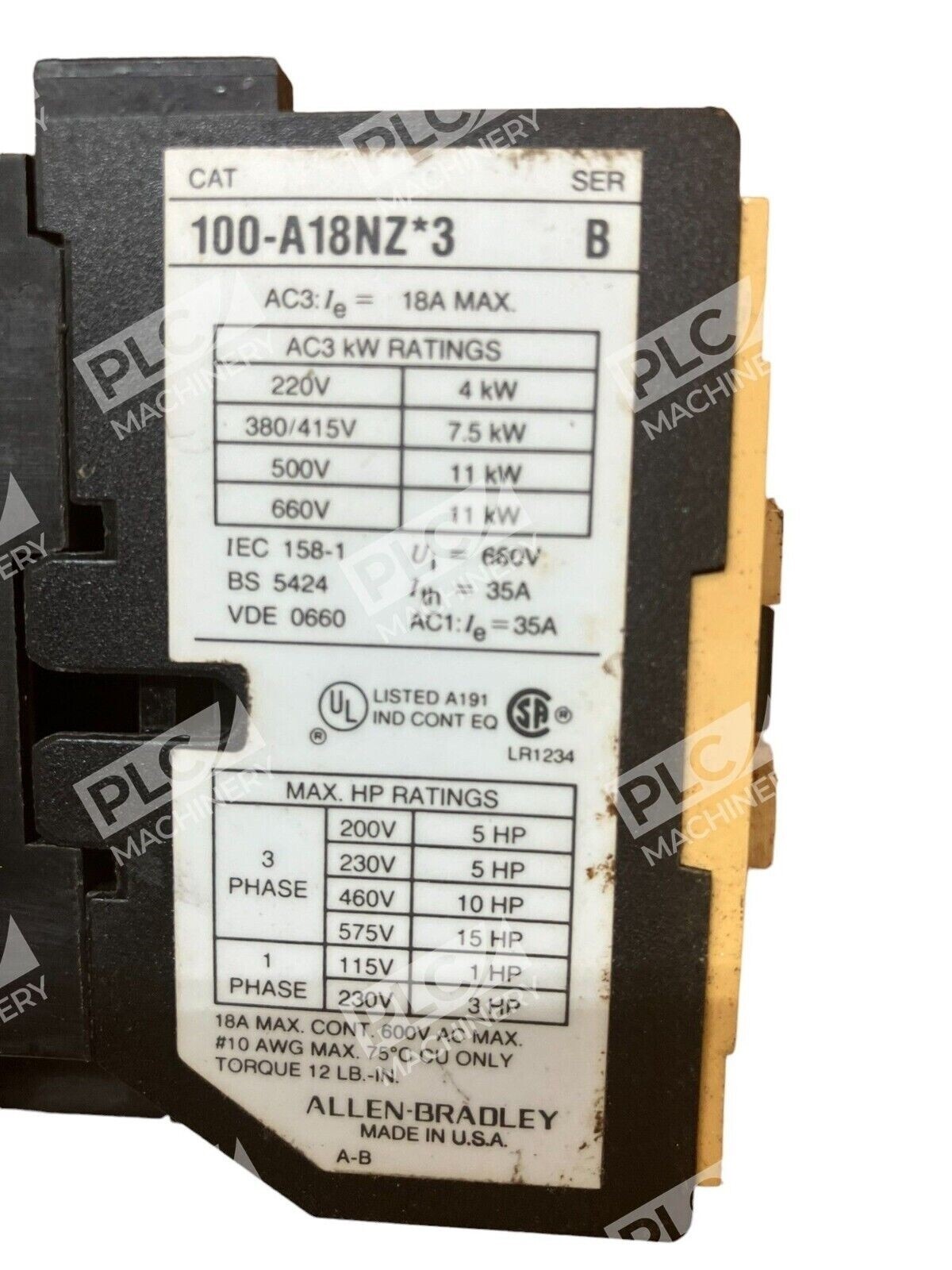 Allen Bradley 100-A18NZ*3 /B 18A 600V Contactor - Image 3