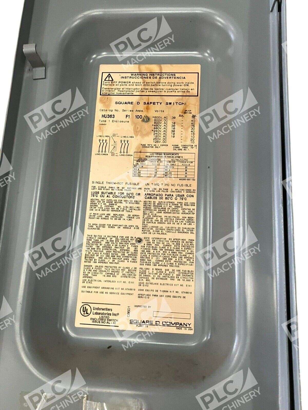 Square D 100A Safety Switch Type 1 Enclosure HU363 F1 100 - Image 5