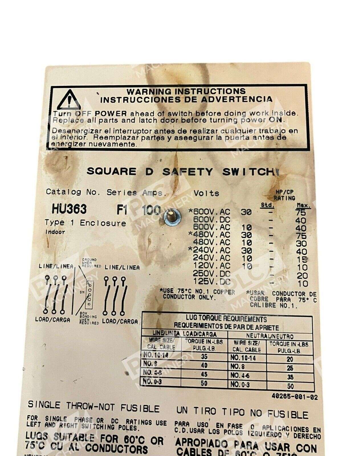 Square D 100A Safety Switch Type 1 Enclosure HU363 F1 100 - Image 6