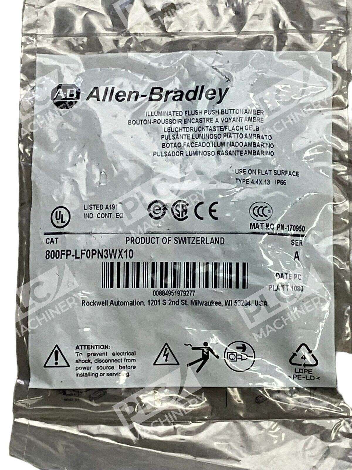 Allen Bradley 800FP-LF0PN3WX10 /A Illuminated Flush Push Button Amber