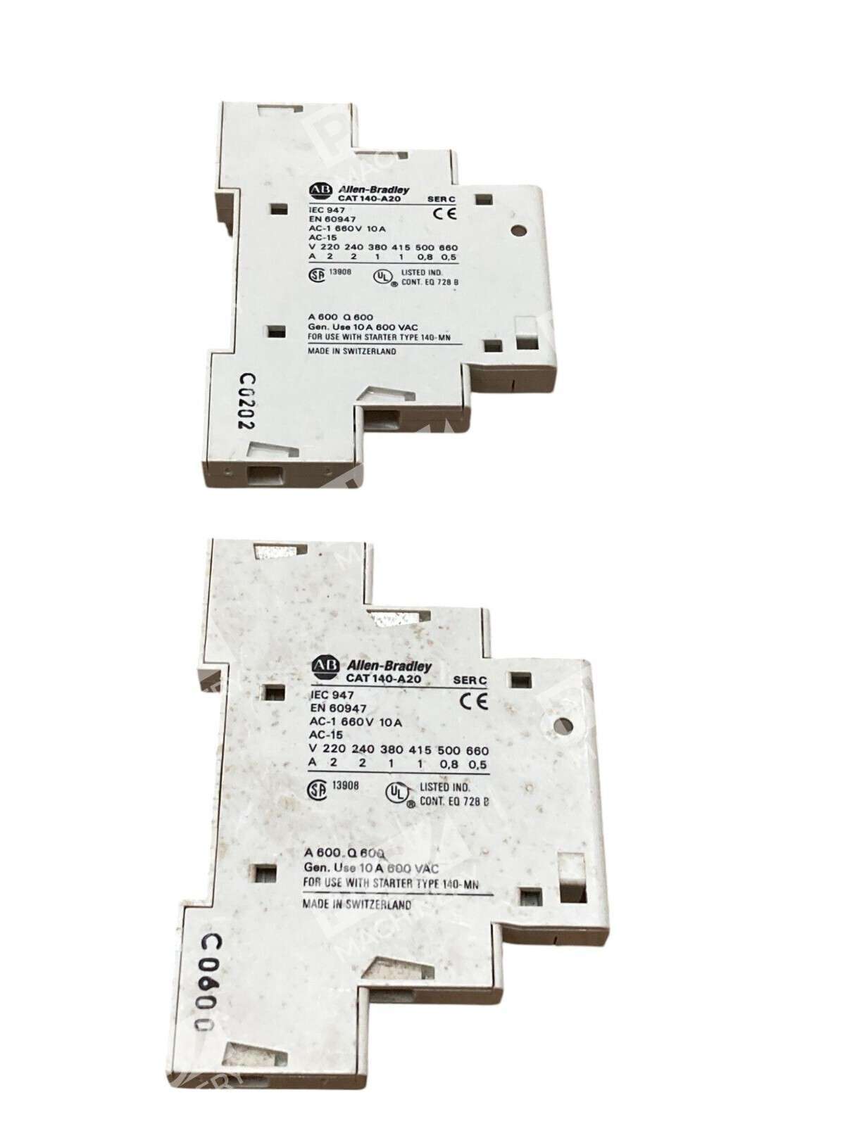 Lot of 2 Allen Bradley CAT 140-A20 Auxiliary Contact 2-Pole 10A 600VAC Motor