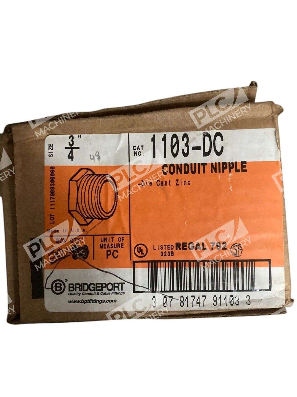Bridgeport 3/4" Die Cast Zinc Conduit Nipple 1103-DC (Box of 30)