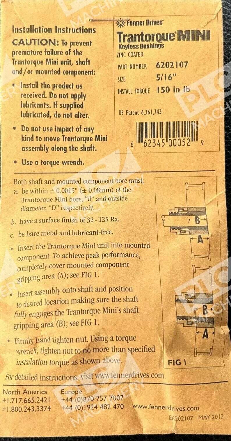 Fenner Drives 5/16" Trantorque Mini Keyless Bushings 6202107