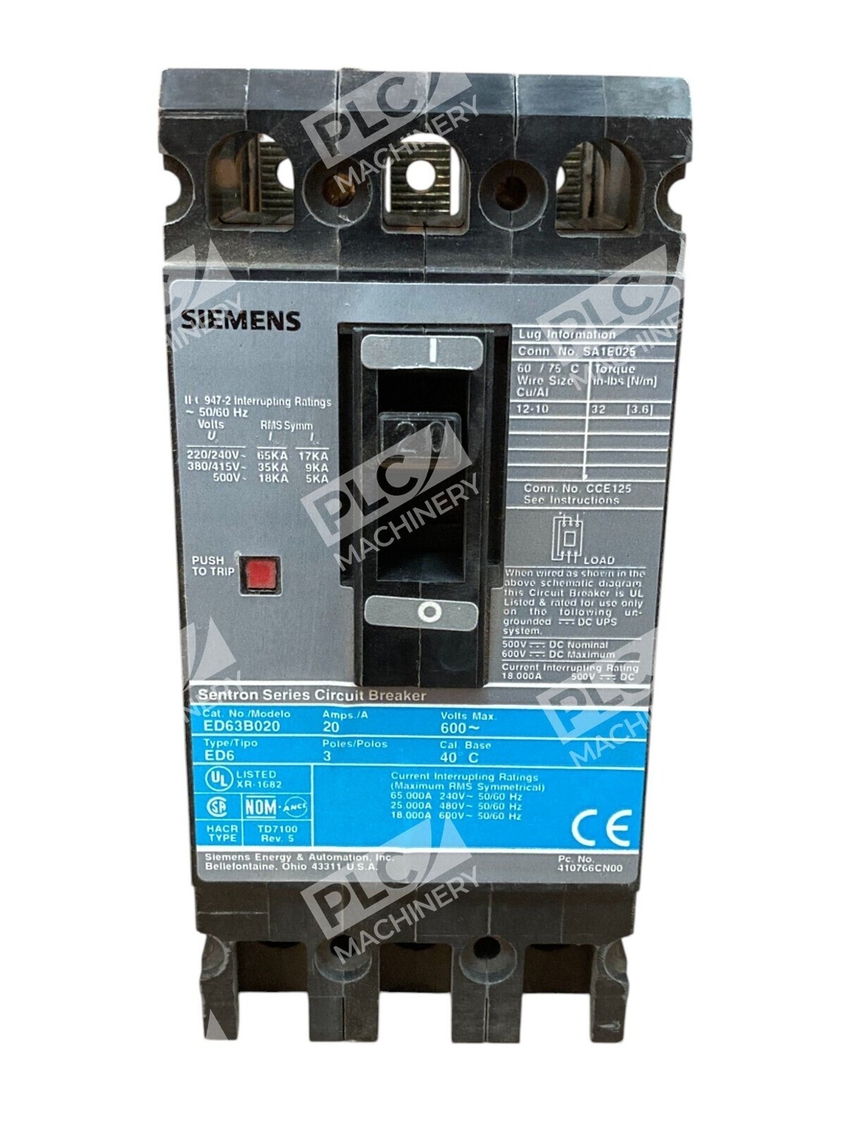 Siemens 20A 3 Pole 600V Sentron Series Circuit Breaker ED63B020 - Image 3
