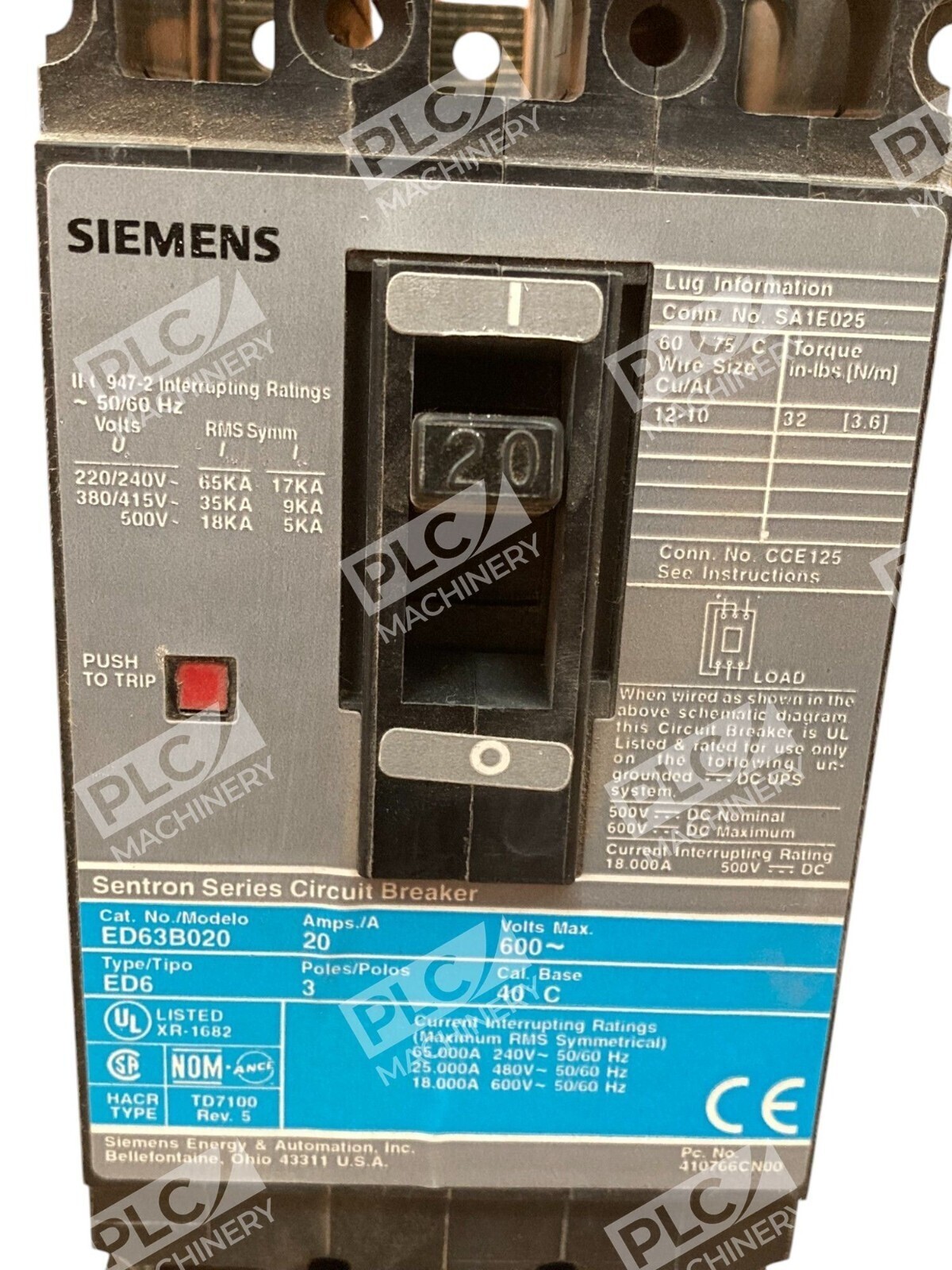 Siemens 20A 3 Pole 600V Sentron Series Circuit Breaker ED63B020 - Image 4
