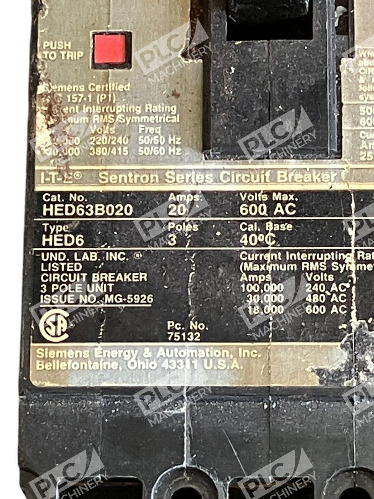 Siemens I-T-E Sentron Series Circuit Breaker 20A 600VAC 3 Pole HED63B020 - Image 3