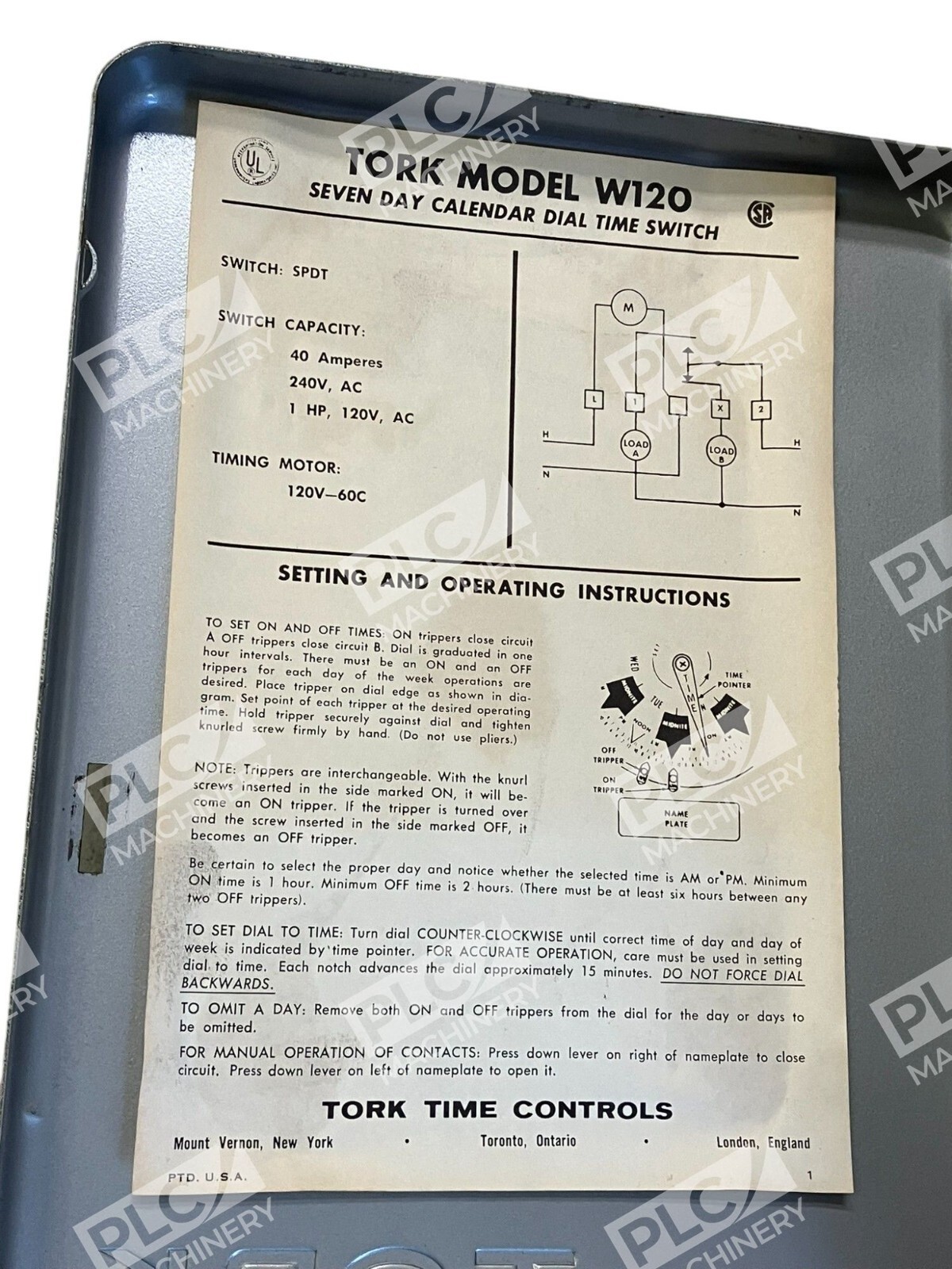 Tork Time Control 2/74/W120N Timing Motor 120V 60CAC Model W120 - Image 4