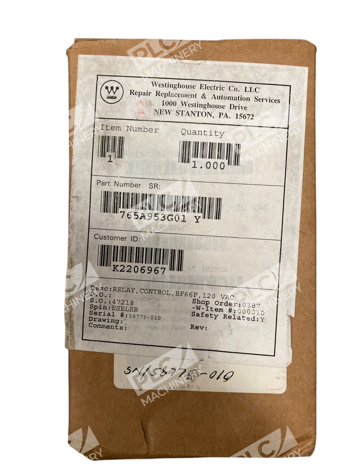 Westinghouse 120VAC BF66F Control Relay 765A953G01