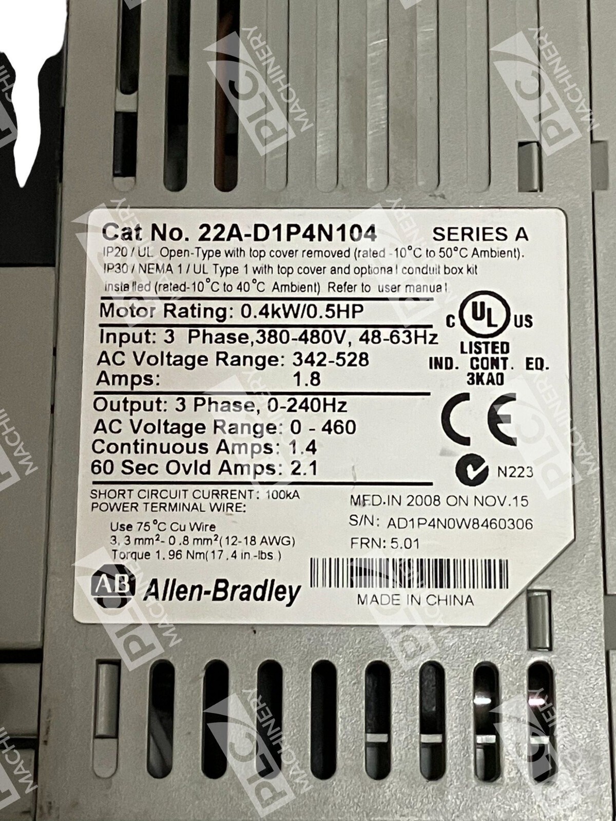 Allen Bradley 0.4kW/0.5HP 3 Phase Powerflex 4 AC Drive 22A-D1P4N104 /A - Image 3
